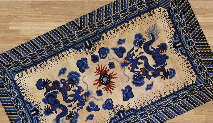 Close-up view of a Chinese rug showing detailed patterns and texture