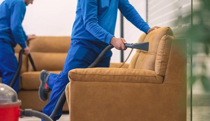 Professional worker cleaning upholstery