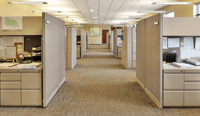 Office space with clean beige cubicle walls and organized workstations