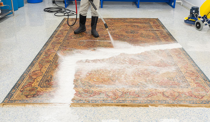 An expert cleaning a large patterned rug using a pressure washer in a facility