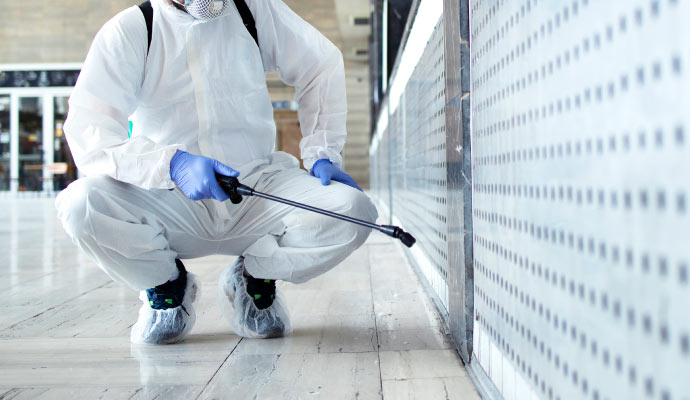 Expert in protective suit using disinfection spray equipment